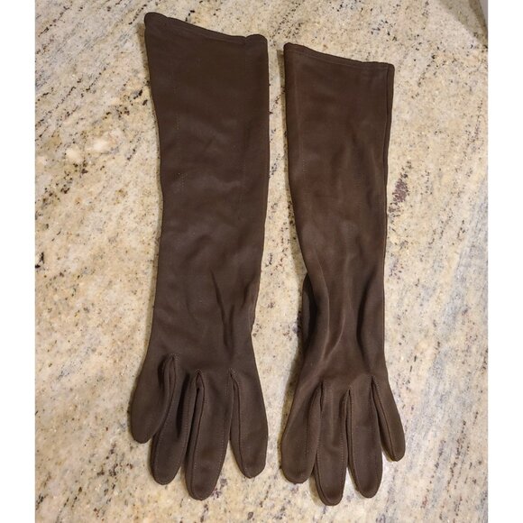 Vintage Womens Size XL XXL Brown Nylon Stretch Formal 16" Long Gloves Stitching - Picture 1 of 16